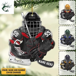 Enfeite de Natal com dois lados para equipamentos de hóquei personalizados, enfeite plano de Natal para amantes de hóquei, enfeite de acrílico/madeira com formato personalizado