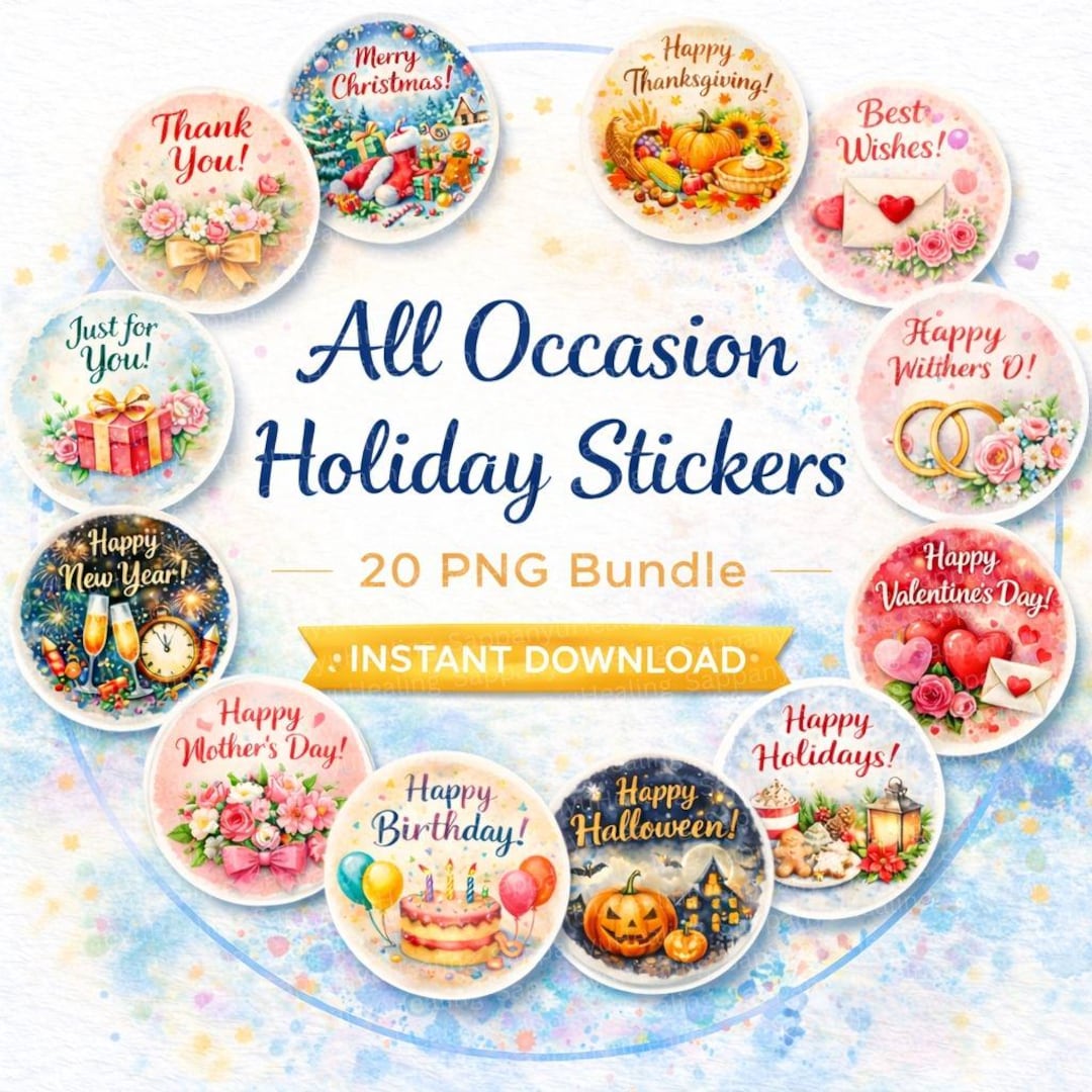 Festive Rectangular Note Sticker 20 Round Watercolor Holiday Stickers PNG Bundle | All Occasion ...