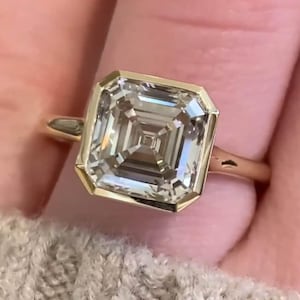Bezel Set Anniversary Ring, 3.0 Ct Asscher Cut Lab Diamond Wedding Ring, 14K Solid Yellow Gold Engagement Ring, Diamond Ring For Bridal