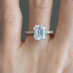 Emerald Cut Moissanite Engagement Ring, 14K Solid Gold Proposal Ring, Classic Hidden Halo Engagement Ring, Half Eternity Anniversary Ring