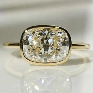 Bezel Set Wedding Ring, 2.5 Ct Cushion Cut Lab Diamond Engagement Ring, East West Bridal Ring,18K Solid Yellow Gold Anniversary Gift For Her
