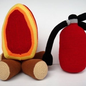 May include: A crocheted fire and a crocheted fire extinguisher. The fire is red, orange, and yellow. The fire extinguisher is red with a black hose.
