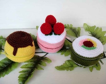 Crochet Pattern - FOOD PURSE 2 - Pudding, Strawberry Cake and Sushi - PDF  (00360)