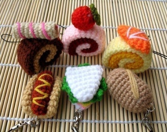 Miniature Crochet Pattern- SWISS ROLL and BREAD- Cell Phone Charm  (00340)