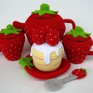 Crochet Pattern - STRAWBERRY TEA SET- Toys - pdf  (00448)