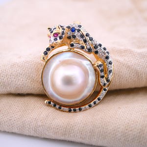 14K Two-Tone Gold Panther Pendant with Ruby, Blue Sapphire, Diamond & Pearl