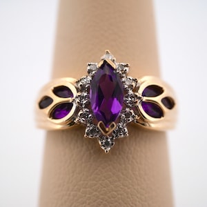 10K Yellow Gold Marquise Amethyst & Diamond Accent Ring – Vintage Fine Jewelry
