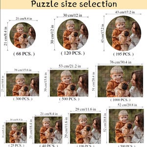 May include: A chart showing different sizes of jigsaw puzzles with corresponding piece counts. The chart shows a variety of puzzle sizes ranging from 25 pieces to 1000 pieces. The puzzles feature a photo of a child holding a puppy.