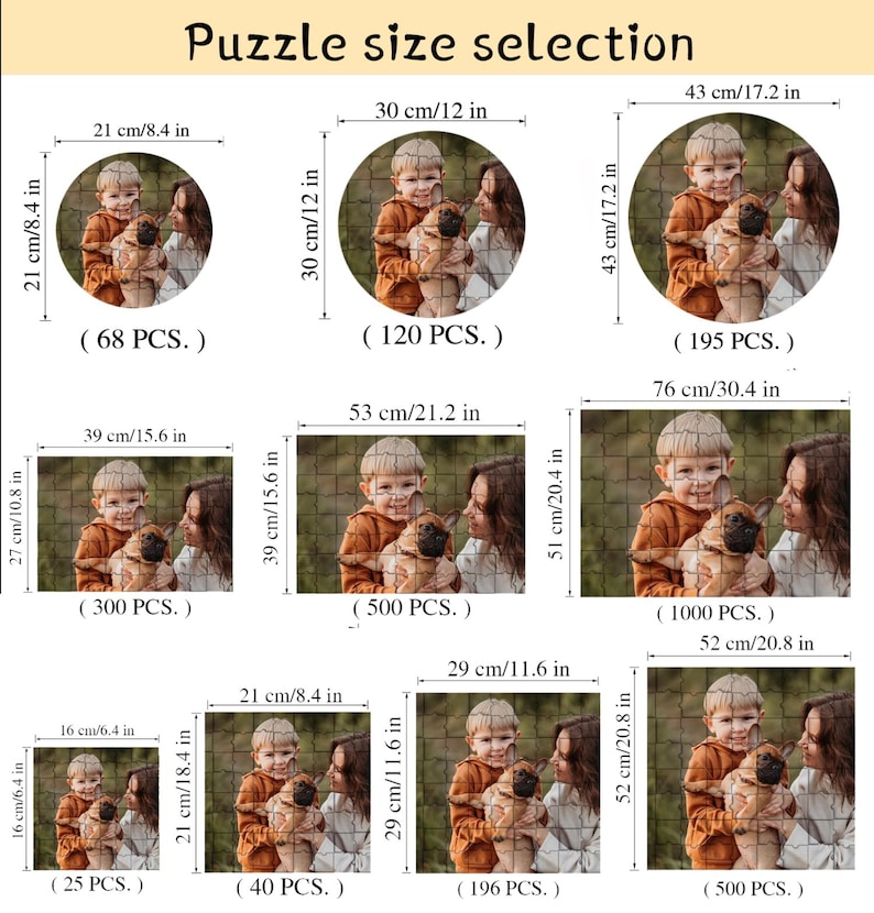 May include: A chart showing different sizes of jigsaw puzzles with corresponding piece counts. The chart shows a variety of puzzle sizes ranging from 25 pieces to 1000 pieces. The puzzles feature a photo of a child holding a puppy.