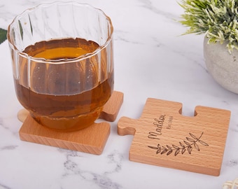 Personalised Couples Coaster Set, Engraved Jigsaw Wooden Coaster, His Her Gift, Mr Mrs Gift, Wood Anniversary Wedding Gift