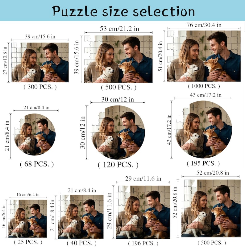 May include: A chart showing different sizes of jigsaw puzzles with corresponding piece counts. The chart shows a couple with two dogs in various puzzle sizes, ranging from 25 to 1000 pieces. The puzzle sizes are shown in both inches and centimetres.