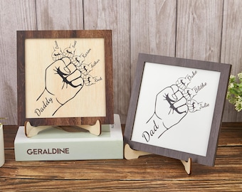 Custom Fist Bump Dad And Kids Sign,Personalized Papa Bump Gift from Kids,Unique Father's Day Wooden Sign With Kids Names Grandpa Gift