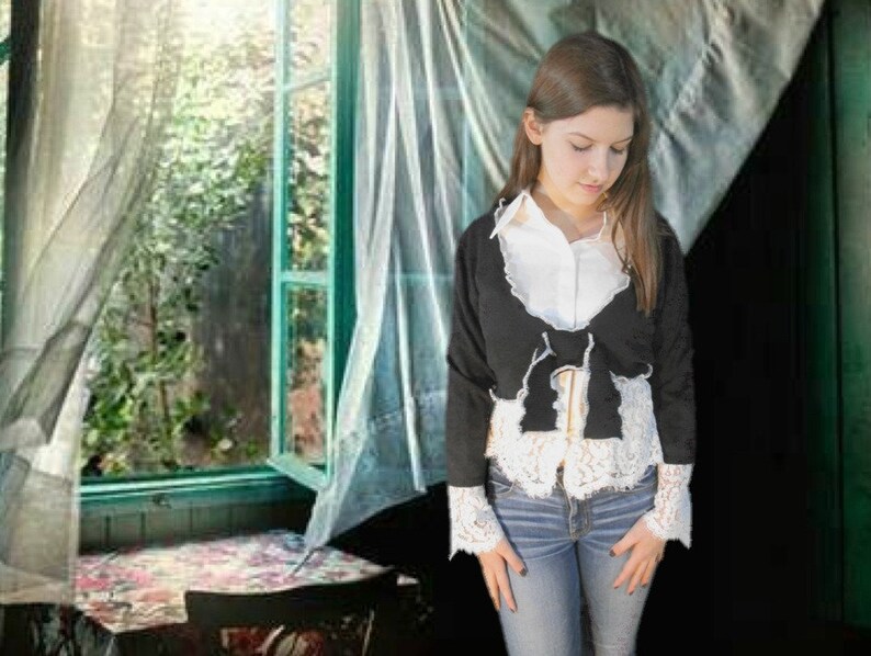 Romantic Black and White Cropped Sweater Lace Blouse Medium Upcycled emmevielle