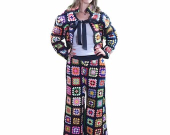 L-XL Grandma Square Crochet Cardigan Pullover und Grandma Square Crochet Palazzo Hose