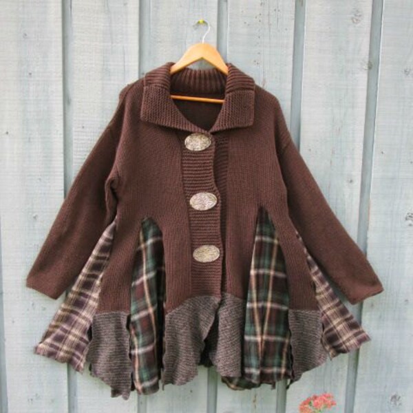 L-XL Organic Upcycled Brown Cardigan Sweater// Plaid Flannel// Recycled Reconstructed// Fall Autumn Winter// emmevielle