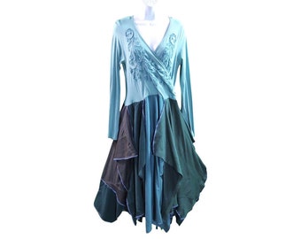 Blue and Teal Upcycled Wrap Dress, size Medium.