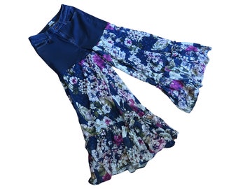 Med. Florale Rüschen Denim Palazzo Hose - Hose mit weitem Bein Größe 10