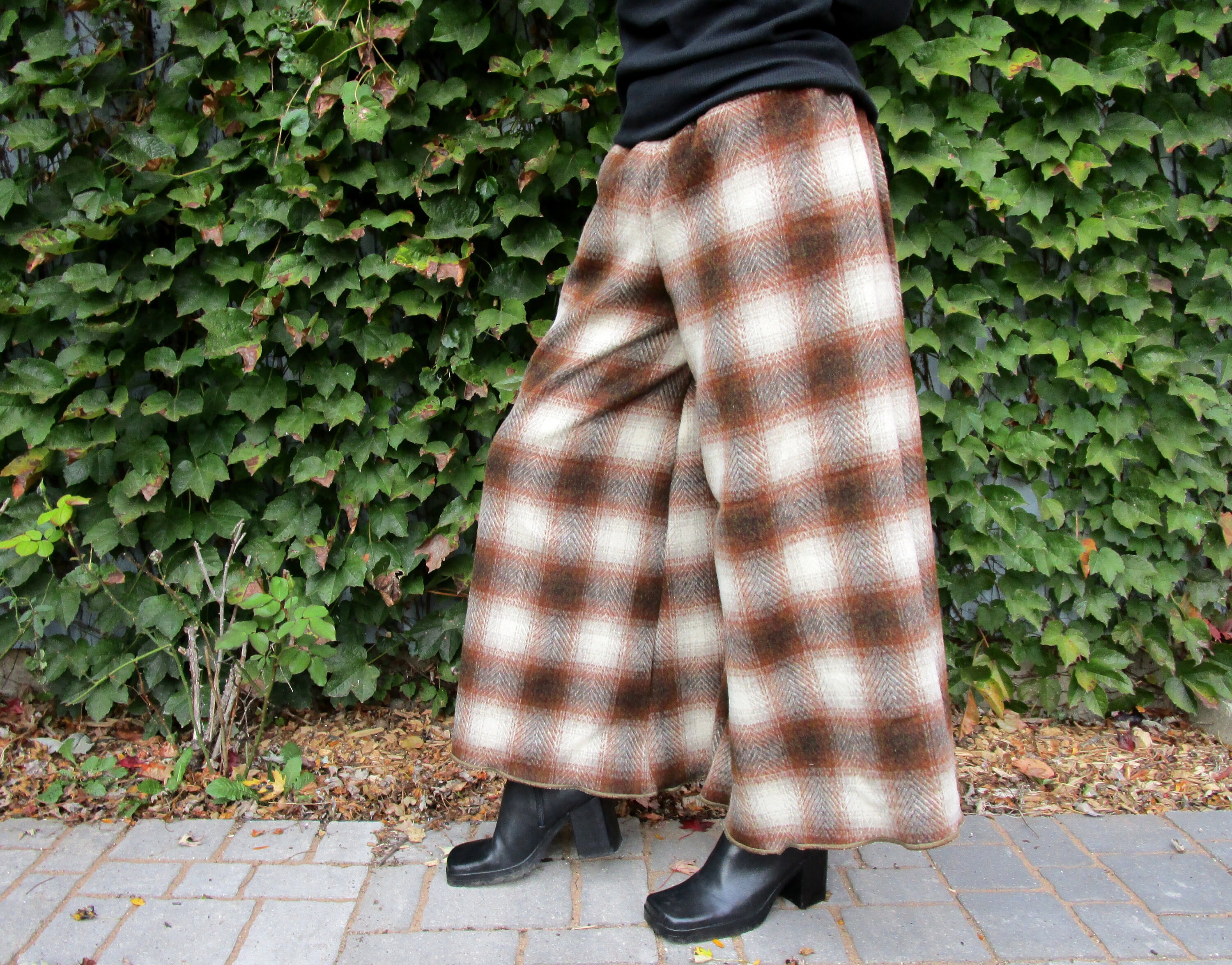 Med. Ombre Brown Plaid Wool Wide Leg 