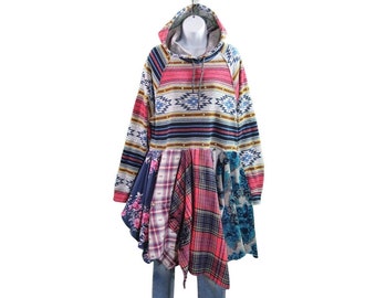 L-XL Hooded Boho Southwestern Tunic Top