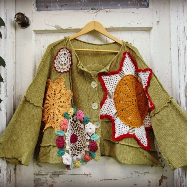 Plus Sizes OOAK Green Vintage Doily Cardigan Sweater// One of a Kind// Upcycled Recycled// emmevielle