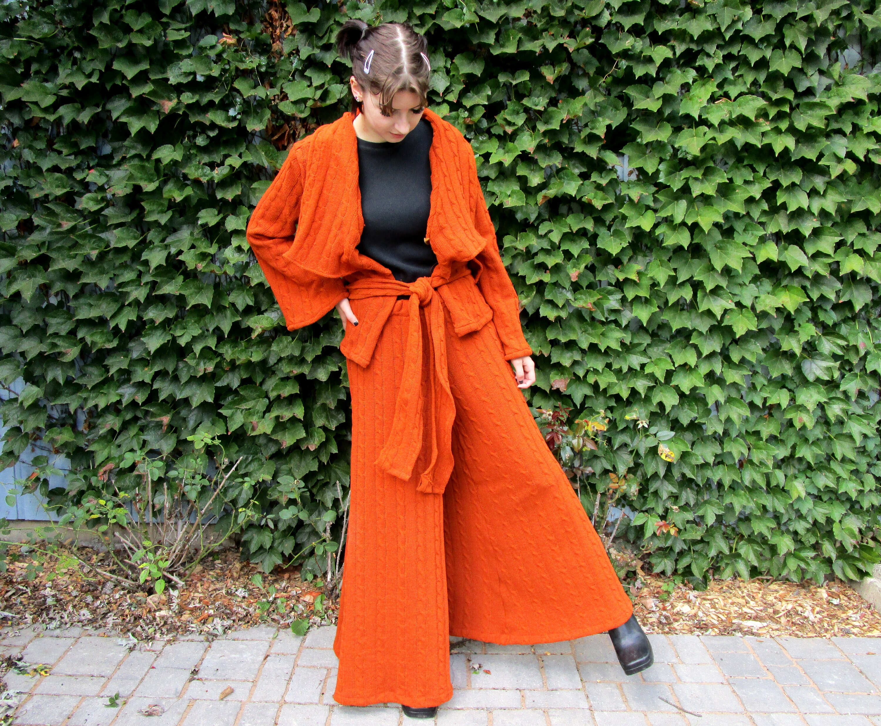 M-L Burnt Orange Cable Knit Palazzo Pants and Cardigan Set- Burnt Sienna Knit Pant Suit - Knit Wide Leg Pants Suit -ThreadSmart