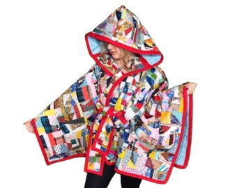 Lg. Crazy Quilt Manteau poncho ceinturé