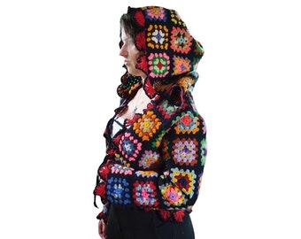 L/XL Granny Square Crochet Hooded Lace Up Shrug