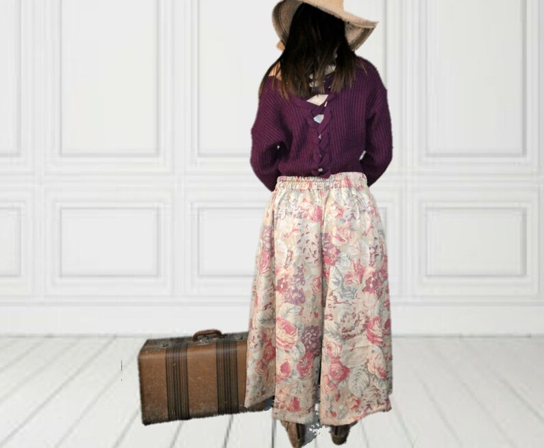 Tea Stained Cabbage Roses Floral Cropped Wide Leg Palazzo Pants Large XL emmevielle