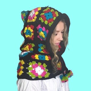 Granny Square Crochet Hooded Cowl Hat