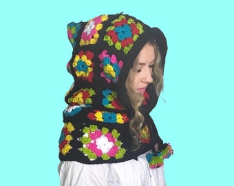 Granny Square Crochet Hooded Cowl Hat