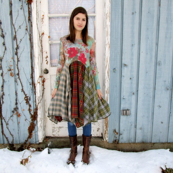 Floral Plaid Flannel Reconstructed Bohemian Tunic Top Dress// Small Medium// Upcycled// emmevielle