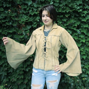 Med. Beige Suede Tie Front Coat with Bell Sleeves - Tan Suede Jacket - Leather Blazer  - ThreadSmart