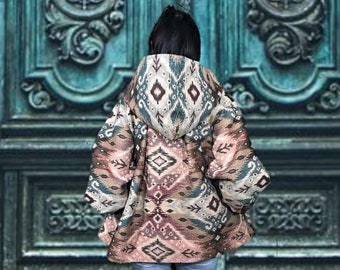 Manteau de balançoire tissé sud-ouest à capuche M-L - Veste sud-ouest courte - Manteau de tapisserie avant nœud printemps