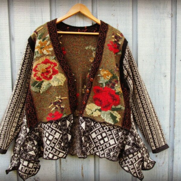 RESERVED - Embroidered Floral Upcycled Cardigan Sweater// Reconstructed// Fall Autumn Winter// emmevielle