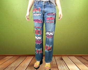 Upcycled Psychedelic Distressed Lucky Brand Blue Jeans sz 6 Kleine Raggedy Festival Jeans emmevielle