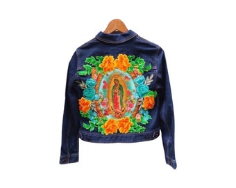 Veste en jean avec appliqués Vierge de Guadalupe, moyenne