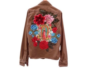 Virgin of Guadalupe Appliqued Khaki Cargo Shirt Jacket, size Medium