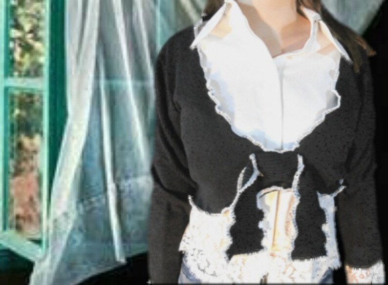 Romantic Black and White Cropped Sweater Lace Blouse Medium Upcycled emmevielle