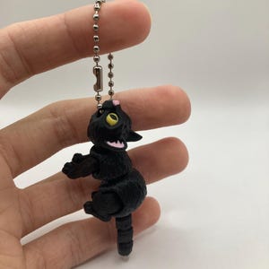 May include: Black plastic cat keychain with a silver chain. The cat is in a climbing pose with its tail curled up.
