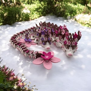 Articulated Cherry Blossom Dragon Figurine - Adult and Baby Variations, Pink and Purple Flowers
