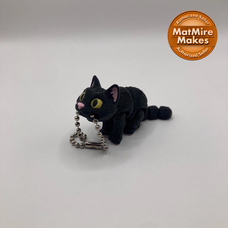 May include: Black cat keychain with a silver chain. The cat is holding the chain in its mouth and has yellow eyes.