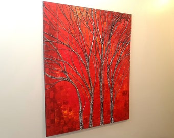 Tree Painting Vibrant Red 3D Textured Branches Sculpted Wallart Original Artwork Unique Amazing Art by Nathalie Van 31.5x39.5