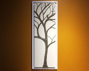 Tall Tree of Life Painting White and dark Brown Super Textured and Detailed Branches 3D Wall Art Sculpted by Nathalie Van 36x12