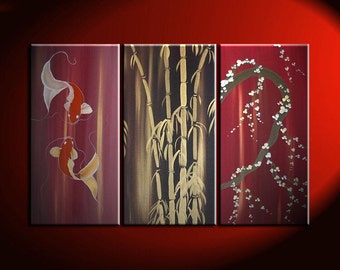 Beautiful Koi Fish Painting in Wine Reds Triptych Wall Art Bamboo Cherry Blossoms Custom 45x30