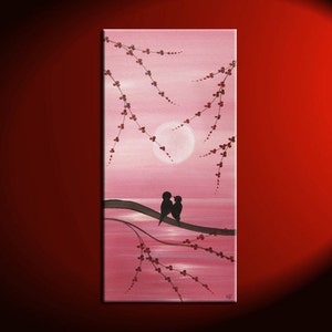 Pink Love Bird Painting Original Wall Art Seascape with Cherry Blossoms Accent Size Valentines Gift  by Nathalie Van