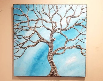 Tree of Life Painting Turquoise Sculpted Wood Textured 3D Original Art One of a Kind Wall Art Home decor 24x24 by Artist Nathalie Van