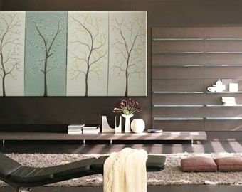 Spa Painting Cream White and Soft Green Art Cherry Blossom Flowering Trees Lemongrass Urban Original Art Custom 60x30