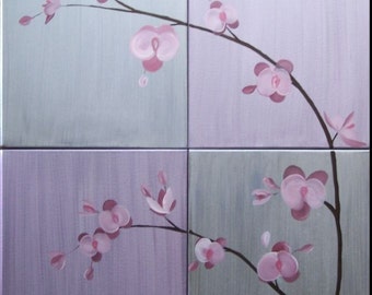 Large Abstract Orchid Painting Lilac and Silver Huge Delicate Elegant Original Wall Art Multiple Canvases Home Decor Custom 32x40