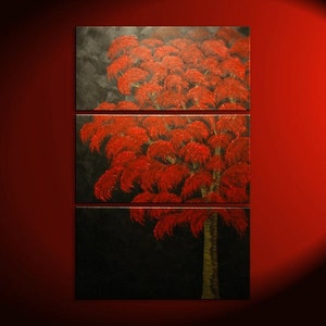 Large Red Tree Painting over Three Canvases Custom Modern Art Zen Asian Style Original Art 30x45 Home Decor