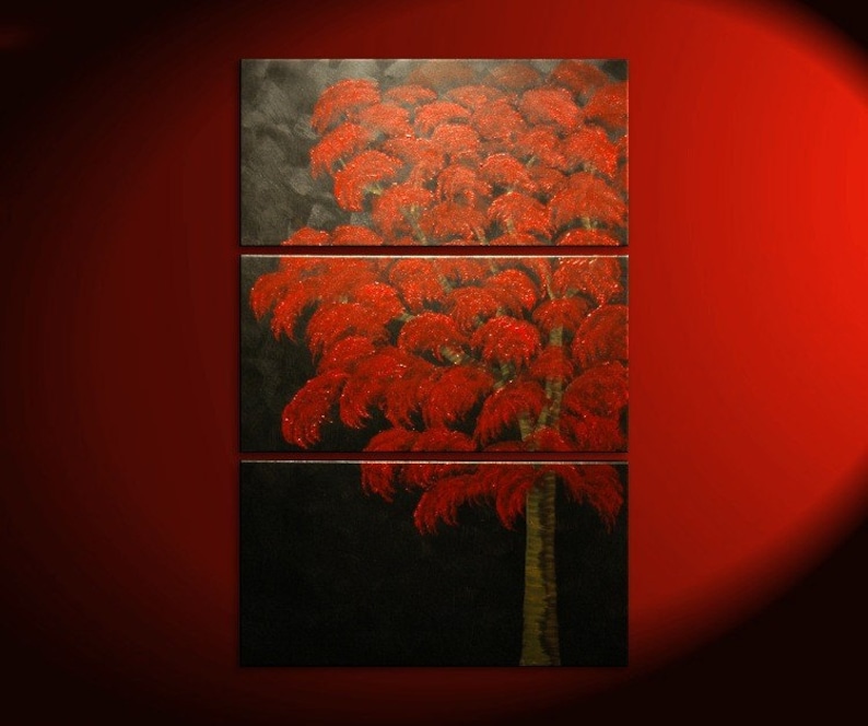 Large Red Tree Painting Over Three Canvases Custom Modern Art Etsy